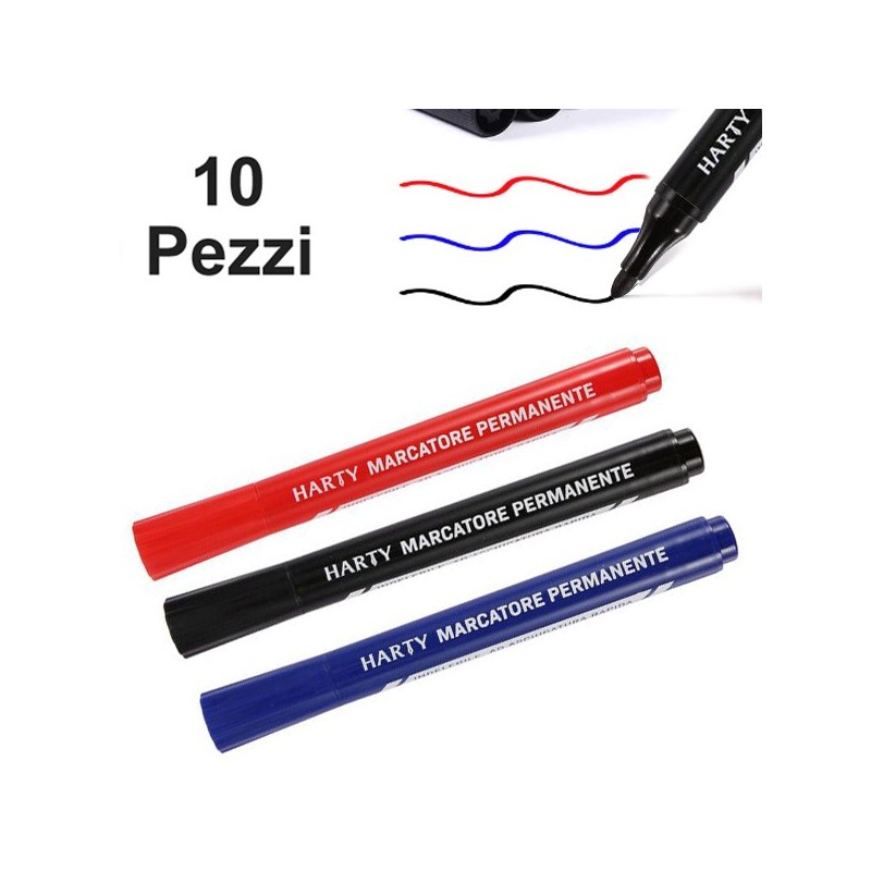 Pennarello Permanente Indelebile 10PZ marcatore vetro plastica Rosso/Nero/Blu