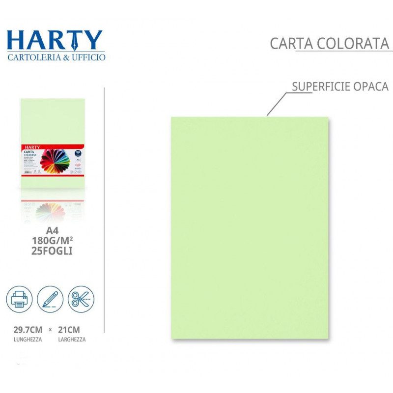 Harty Carta Colorata A4 21x29 cm 180 gr 50 Fg vari colori risma ros...