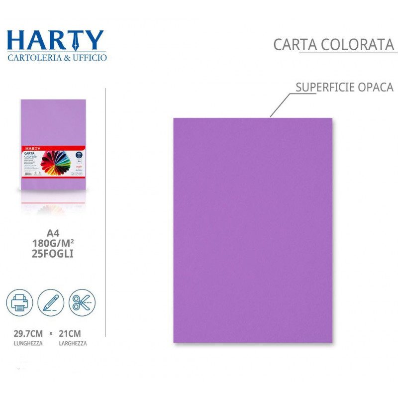Harty Carta Colorata A4 21x29 cm 180 gr 50 Fg vari colori risma ros...