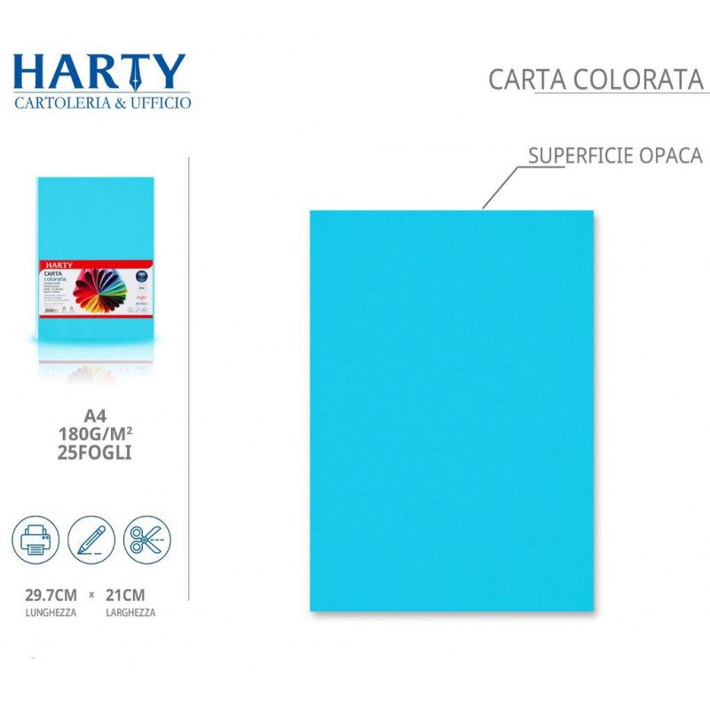 Harty Carta Colorata A4 21x29 cm 180 gr 50 Fg vari colori risma ros...