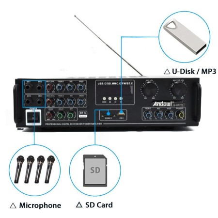 Amplificatore audio bluetooth stereo karaoke FM  HI-FI USB AUX SD 300W Q-GF777