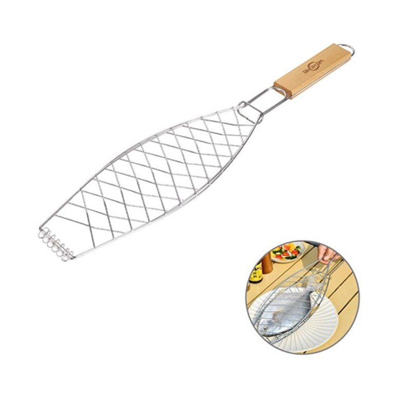 Griglia per Pesce Barbecue Graticola in acciaio manico legno Accessori 11x31cm
