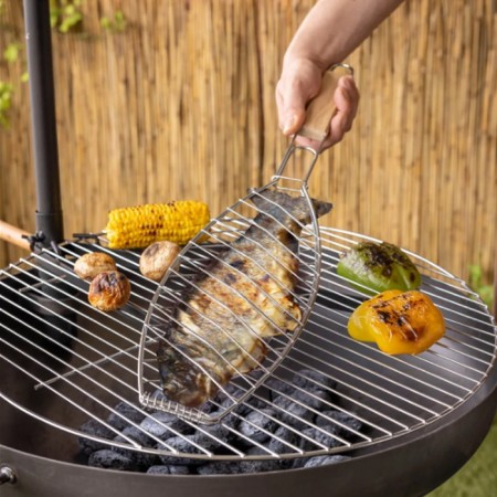 Griglia per Pesce Barbecue Graticola in acciaio manico legno Accessori 11x31cm