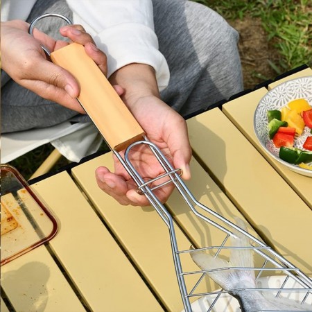 Griglia per Pesce Barbecue Graticola in acciaio manico legno Accessori 11x31cm