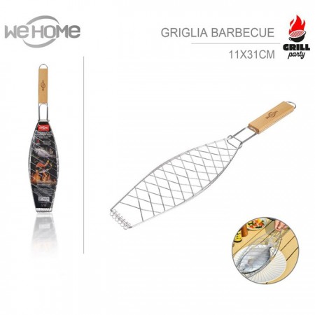 Griglia per Pesce Barbecue Graticola in acciaio manico legno Accessori 11x31cm