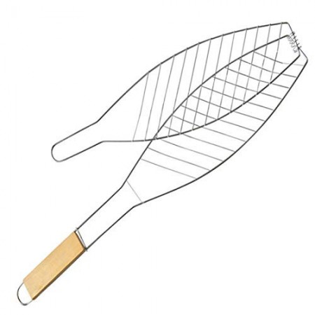 Griglia per Pesce Barbecue Graticola in acciaio manico legno Accessori 11x31cm