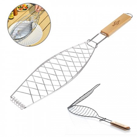 Griglia per Pesce Barbecue Graticola 14x37cm in acciaio manico legno Accessori