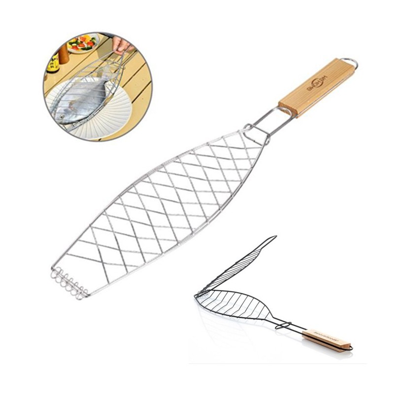 Griglia per Pesce Barbecue Graticola 14x37cm in acciaio manico legno Accessori