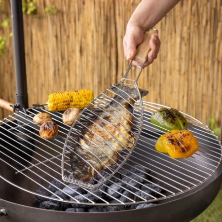 Griglia per Pesce Barbecue Graticola 14x37cm in acciaio manico legno Accessori