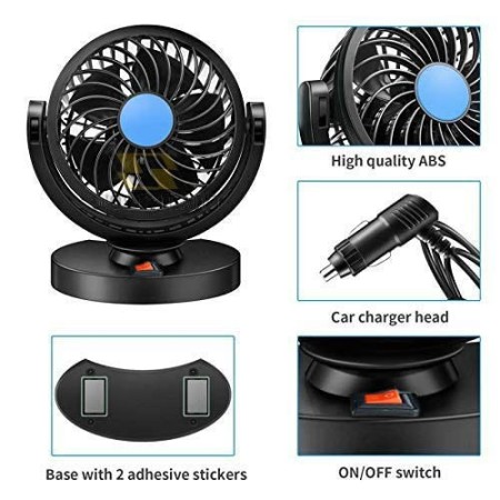 Ventilatore per Auto 12V portatile viaggio regolabile 360° Presa Accendisigari