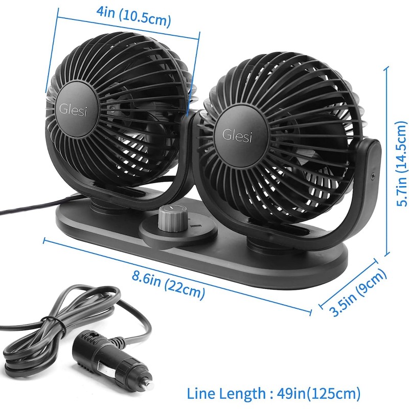 Ventilatore doppia testa Auto 12V viaggio regolabile 360° ruotabile...