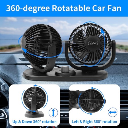 Ventilatore doppia testa Auto 12V viaggio regolabile 360° ruotabile aria fresca