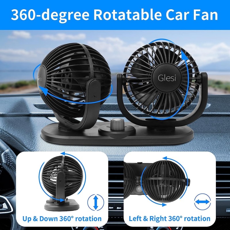 Ventilatore doppia testa Auto 12V viaggio regolabile 360° ruotabile...