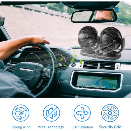 Ventilatore doppia testa Auto 12V viaggio regolabile 360° ruotabile aria fresca