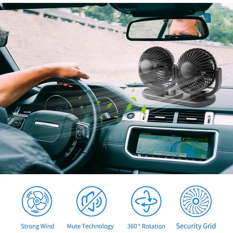 Ventilatore doppia testa Auto 12V viaggio regolabile 360° ruotabile...
