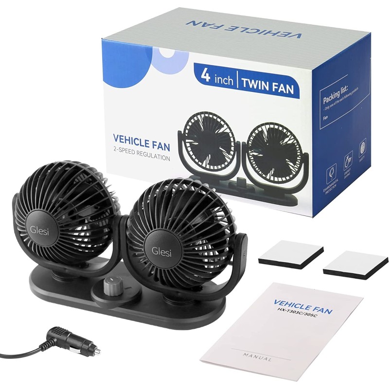 Ventilatore doppia testa Auto 12V viaggio regolabile 360° ruotabile...
