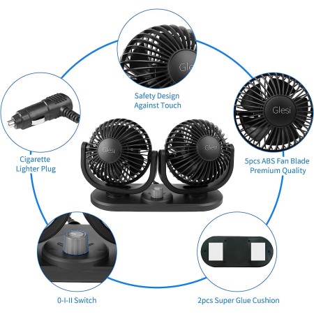 Ventilatore doppia testa Auto 12V viaggio regolabile 360° ruotabile aria fresca