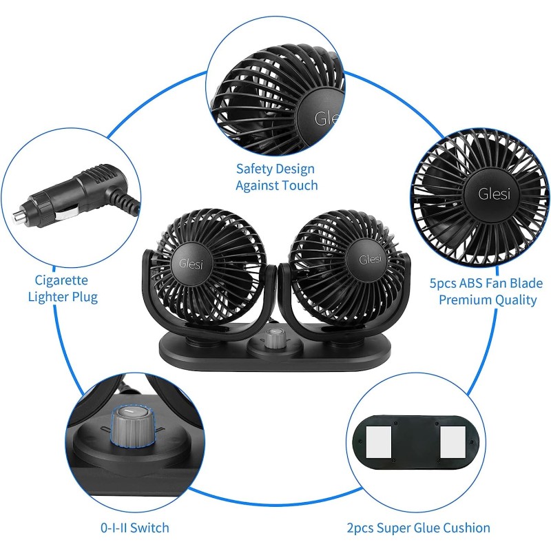 Ventilatore doppia testa Auto 12V viaggio regolabile 360° ruotabile...