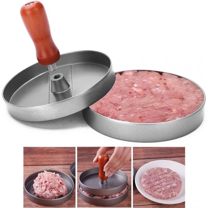 Hongu Stampo per hamburger in alluminio manico in legno pressa carn...