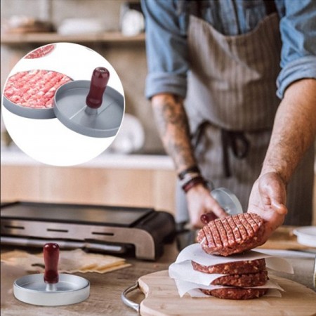 Stampo per hamburger in alluminio manico in legno pressa carne burger barbecue