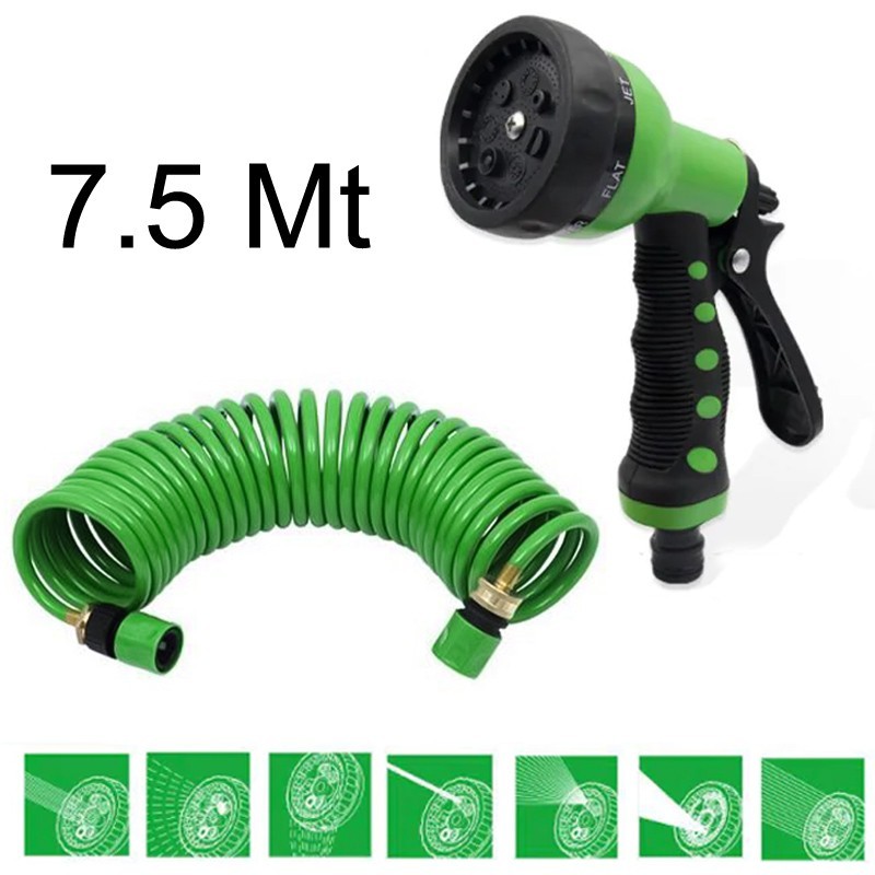 Tubo Estensibile a Spirale 7.5mt + Pistola Pompa Flessibile Irrigazione Giardino