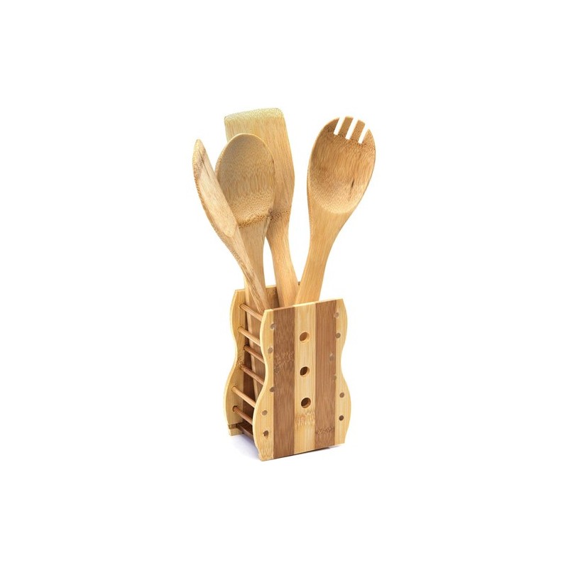 Porta posate e mestoli da cucina in legno bamboo portaposate con 4 accessori