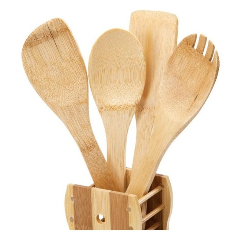 Kmt Style Porta posate e mestoli da cucina in legno bamboo portapos...