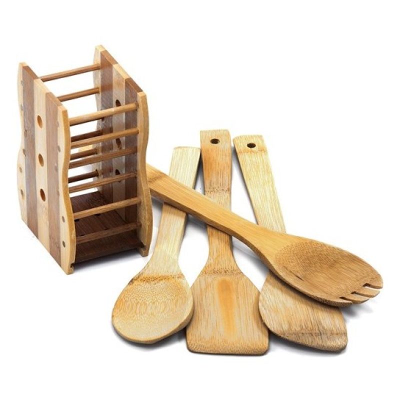 Kmt Style Porta posate e mestoli da cucina in legno bamboo portapos...