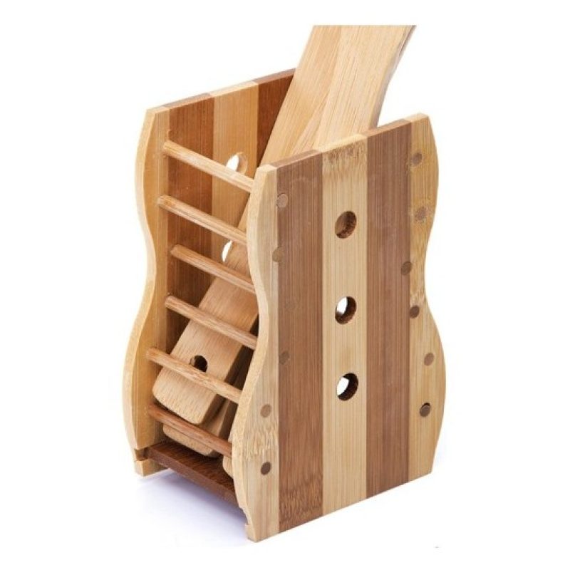 Kmt Style Porta posate e mestoli da cucina in legno bamboo portapos...