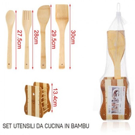 Porta posate e mestoli da cucina in legno bamboo portaposate con 4 accessori