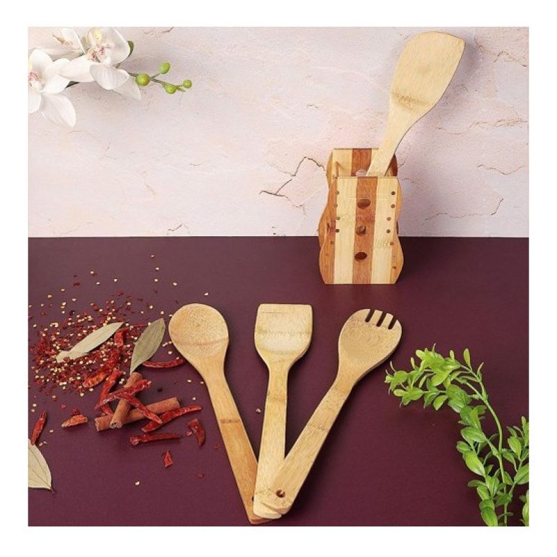 Kmt Style Porta posate e mestoli da cucina in legno bamboo portapos...