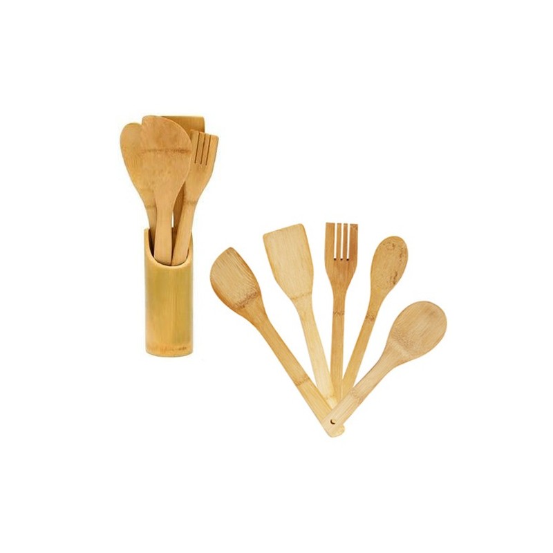 Porta posate e mestoli da 6pz cucina in legno bamboo accessori e portaposate