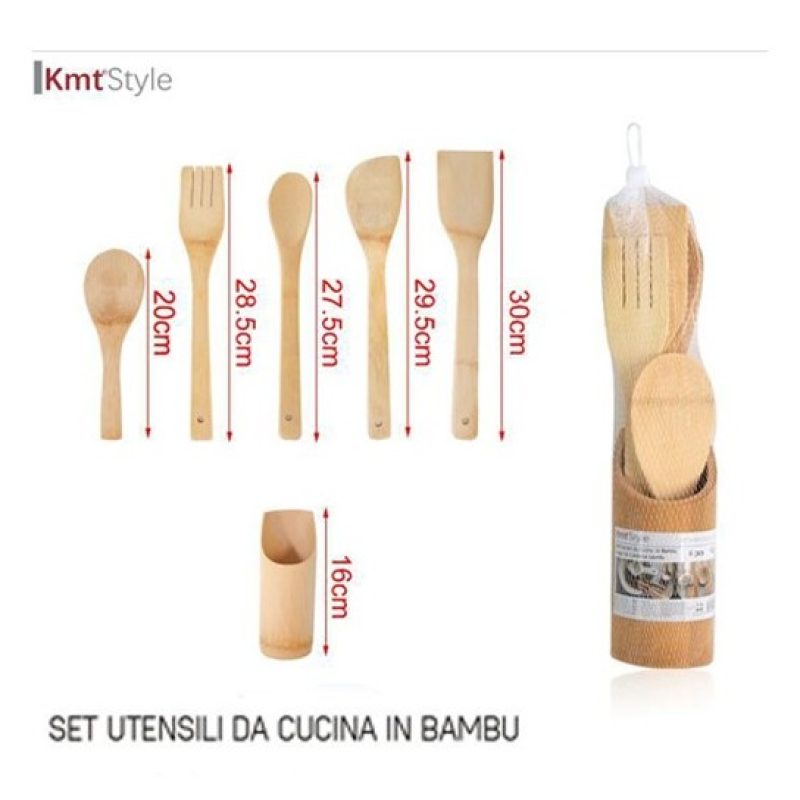 Kmt Style Porta posate e mestoli da 6pz cucina in legno bamboo acce...