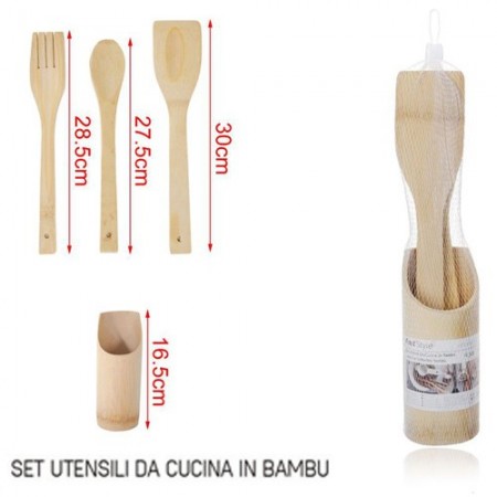 Porta posate e mestoli in legno bamboo da cucina 3 accessori + portaposate