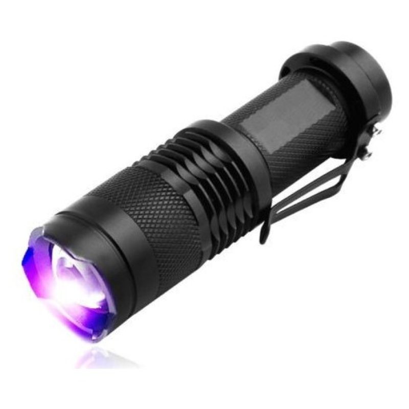 Mini torcia UV luce wood rileva banconote macchie fluidi zoom portatile batteria