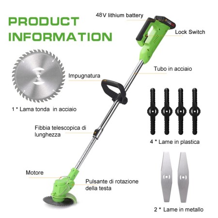 Decespugliatore elettrico 2 Batteria litio erba Tagliaerba tagliabordi 1500W con kit ruote 