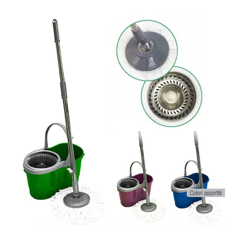 Secchio Mocio Mop Rotante Cestello manico in acciaio Lavapavimenti in Microfibra
