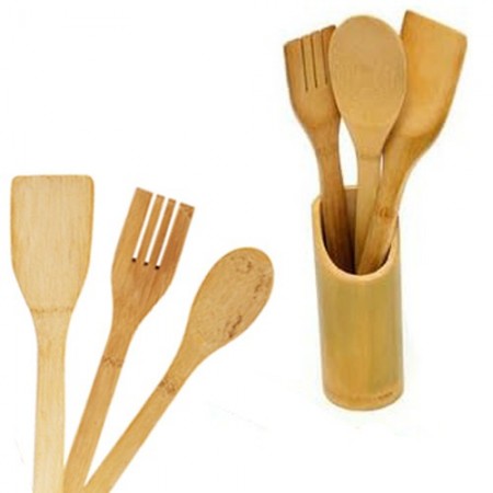 Porta posate e mestoli in legno bamboo da cucina 3 accessori + portaposate