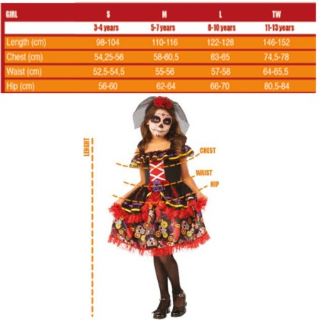 Costume carnevale Catrina scheletro messicano bambina travestimento 5-13 anni