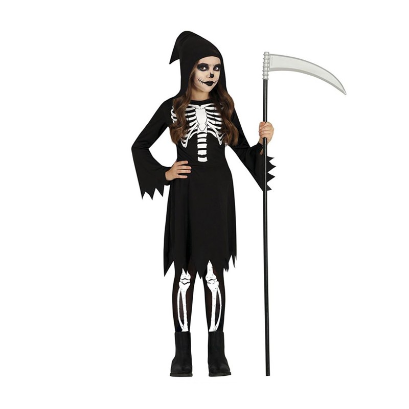 Costume Mietitore Nero Morte Vestito Bambina Abito Carnevale Halloween 3-12 anni