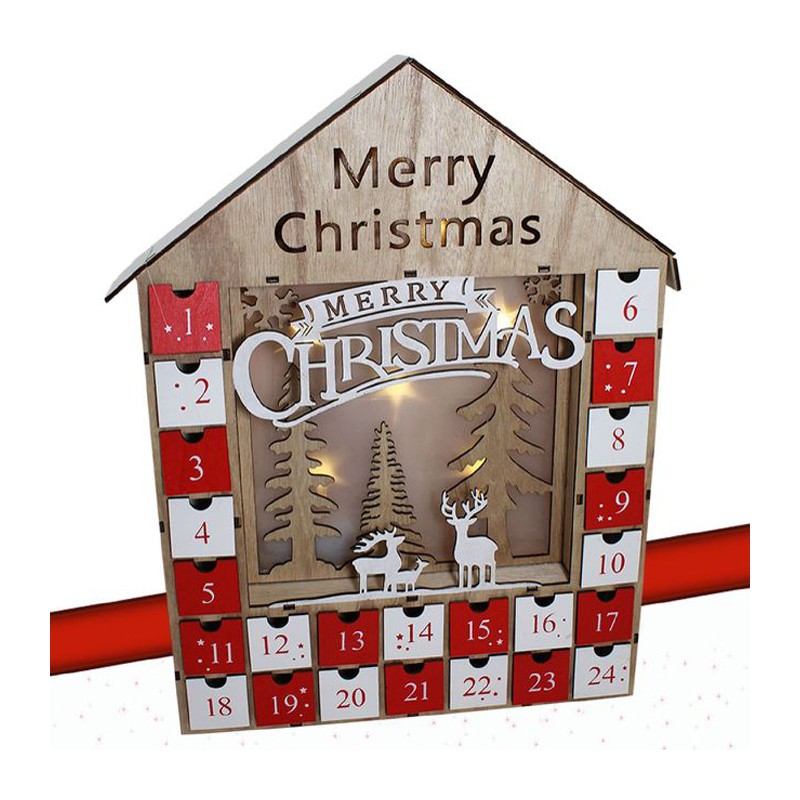 Calendario Avvento di Natale Casetta in Legno 24 Cassetti Decorazioni con led