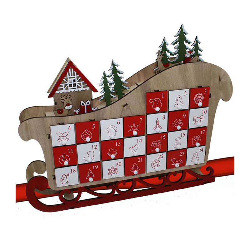 Calendario Avvento in Legno con 24 Cassetti Slitta 41x33cm decorazioni natalizie