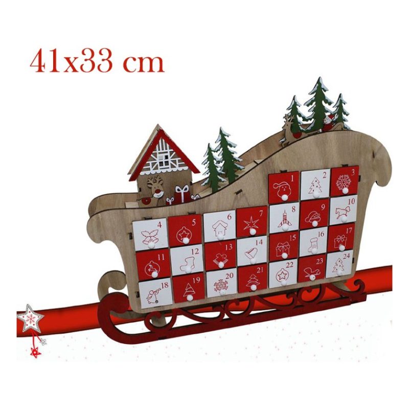 FGF Calendario Avvento in Legno con 24 Cassetti Slitta 41x33cm deco...