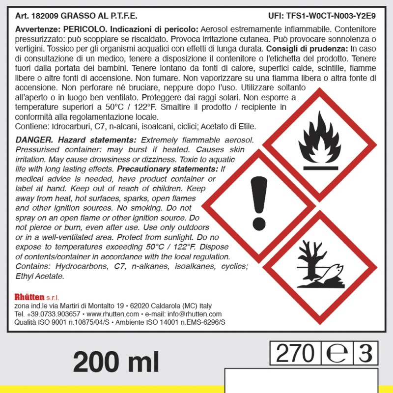 Rhutten Grasso al PTFE bomboletta spray da 200 ML lubrificante anti...