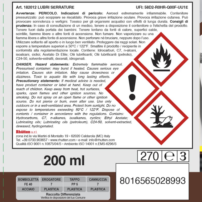 Rhutten Lubrificante Per Serrature Spray meccanismi da 200 ML Rhutt...
