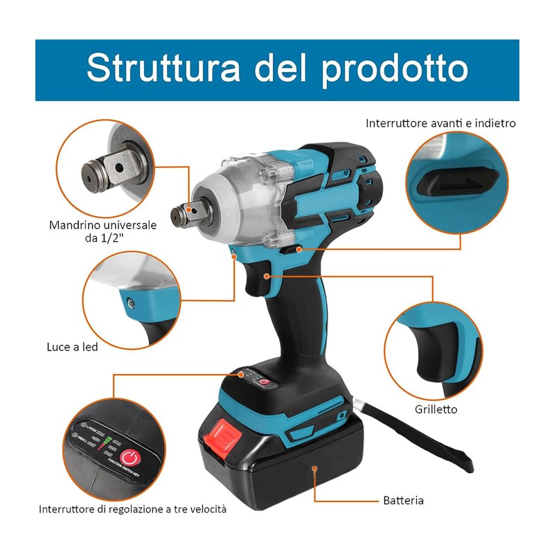 Avvitatore a Impulsi Brushless 400Nm doppia batteria 48v con 7 inserti Trapano