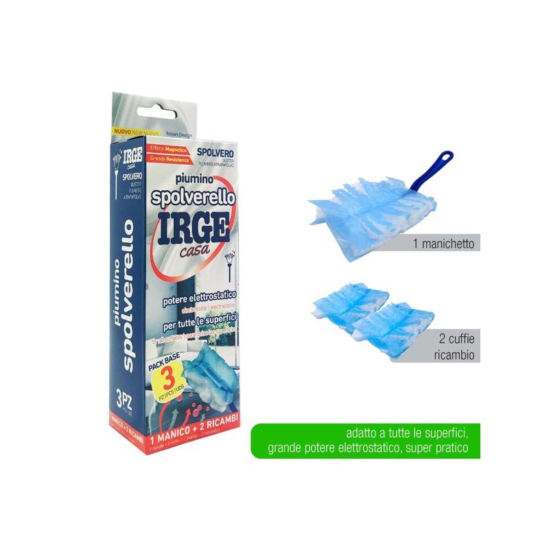 Piumino Spolverello Irge toglipolvere elettrostatico con manico e 2 ricambi