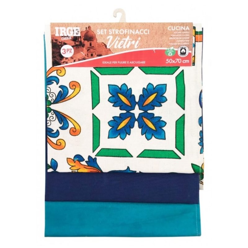 IRGE Set 3 strofinacci IRGE Vietri canavacci cucina 100% cotone ris...