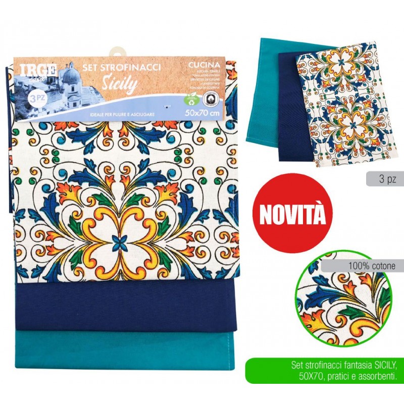 Set 3 strofinacci IRGE Sicily canavacci cucina 100% cotone ristorante 50x70cm