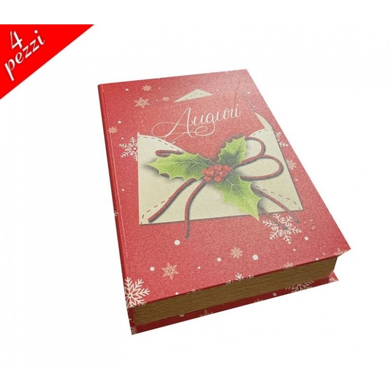 Set 4 scatole natalizie a libro scritta Auguri natale portaoggetti cioccolatini caramelle regalo decorazione casa